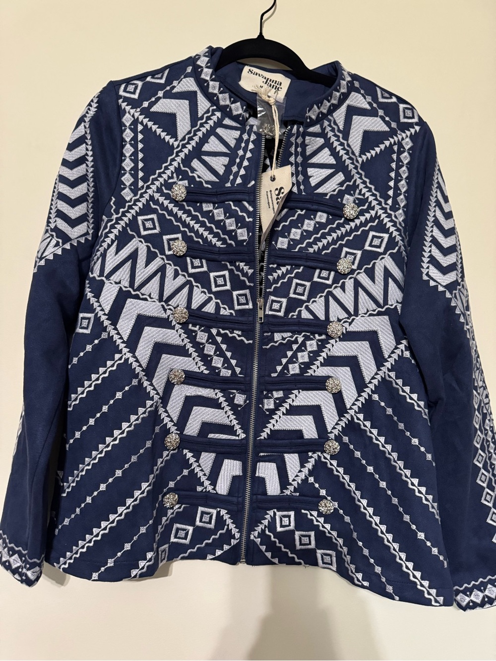 Savanna Jane Navy and White Patterned Military-Style Blazer
